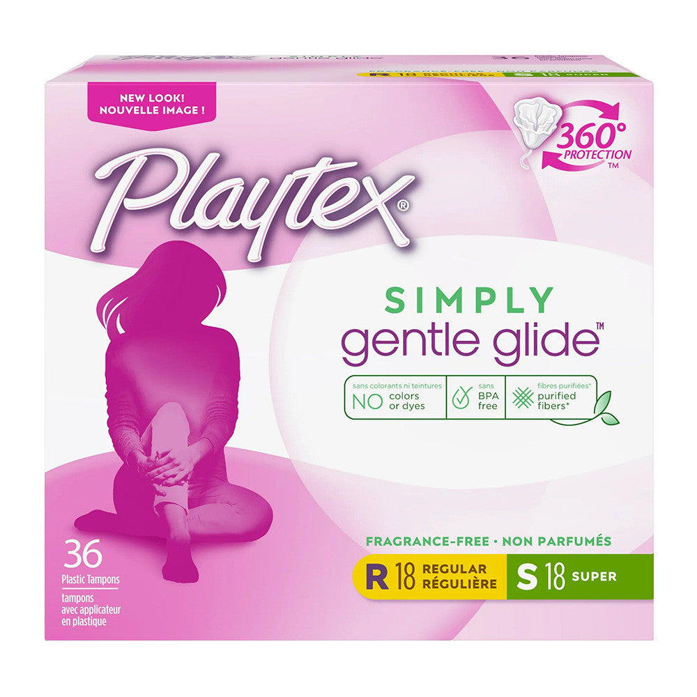 Playtex Simply Gentle Glid Multipack Plastic Tampons, 18 Regular and 18 Super, Fragrance Free, 36 Ea